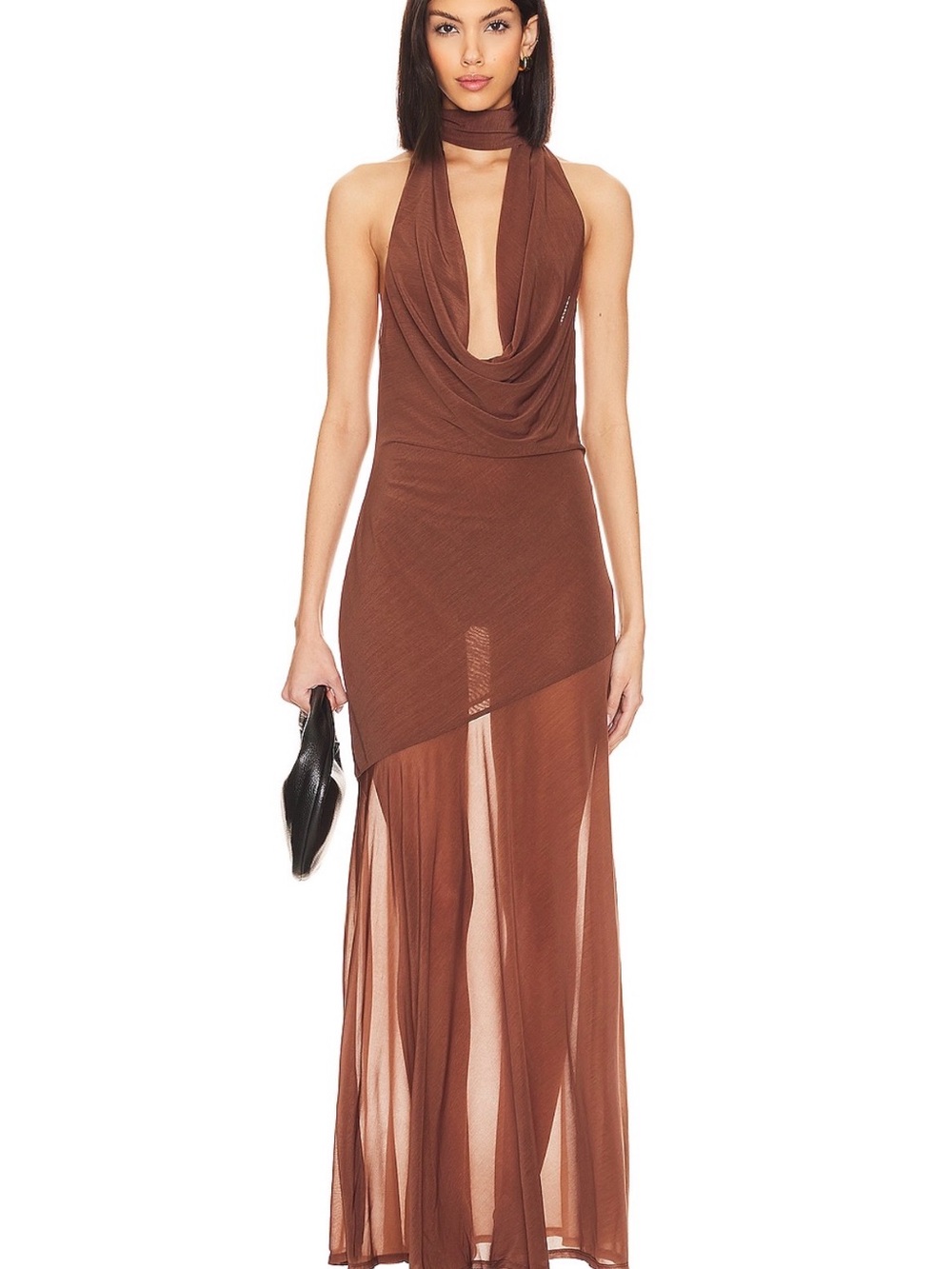 LPA Brown Halter Draped Sheer Maxi Dress